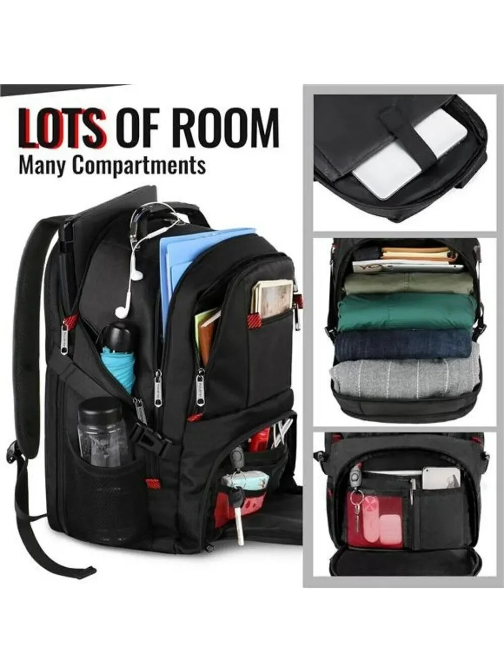 YOREPEK Travel Backpack Large 50L Water Resistant Laptop Bag USB Port Black